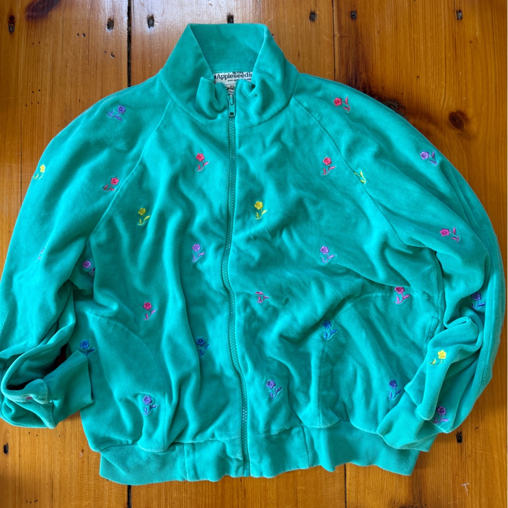 Teal Velour Track Jacket with Embroidered Flowers 🌺